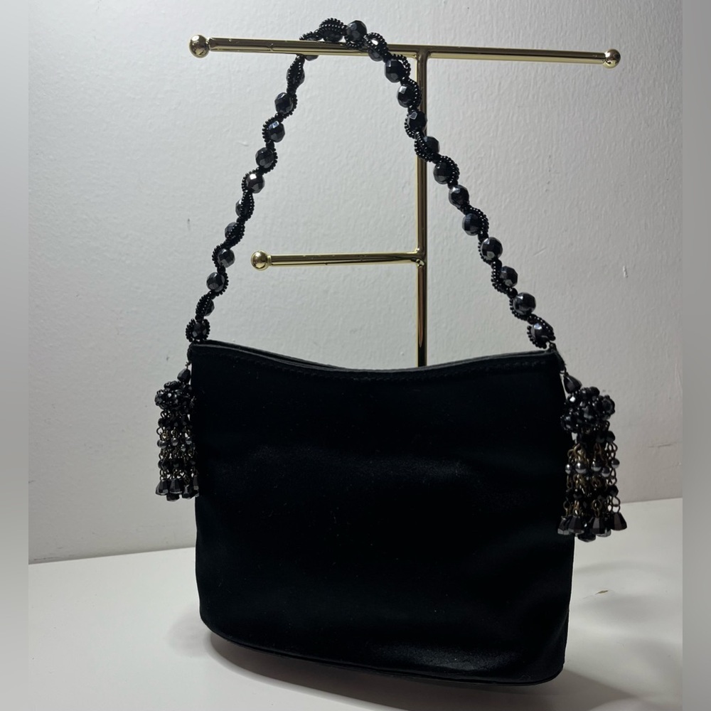 Anya Hindmarch Black Satin Beaded Mini Shoulder Bag Tassel Evening Y2K England - Picture 5 of 12